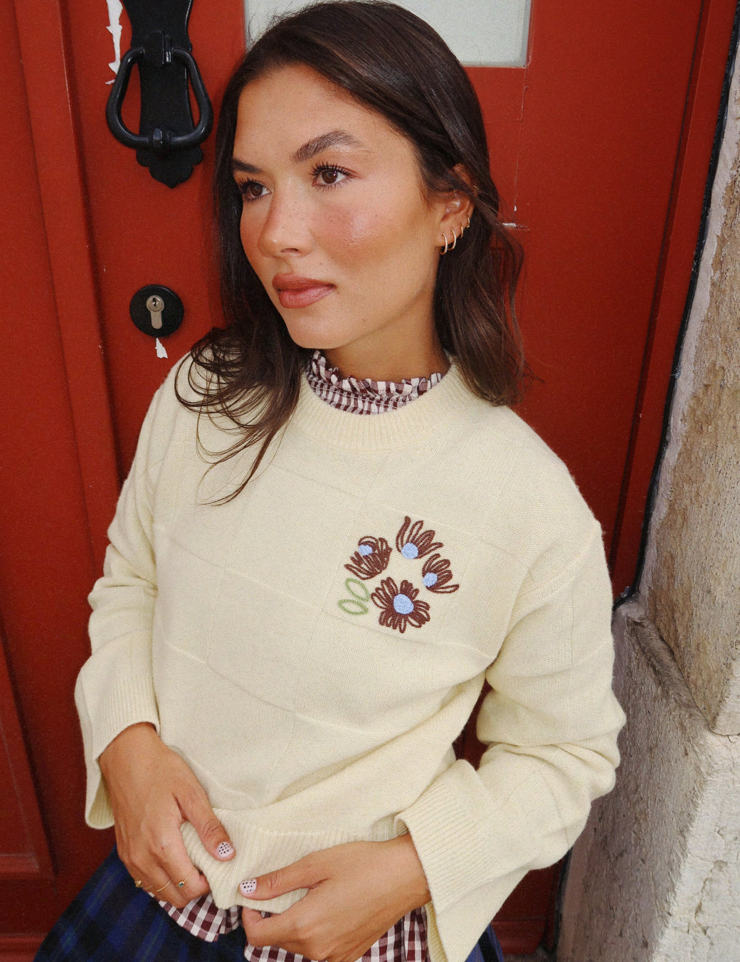 NC x TBCo Yellow Check Floral Embroidered Wool Jumper