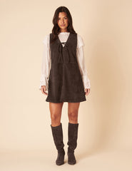Dark Brown Suede Mini Pinafore Dress