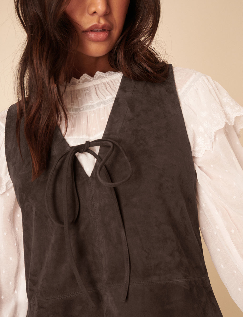 Dark Brown Suede Mini Pinafore Dress