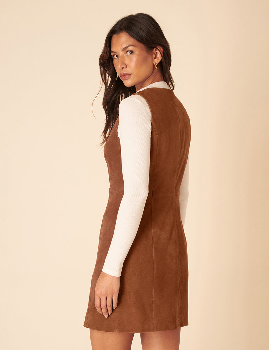 Brown Suede Eleanor Mini Pinafore Dress
