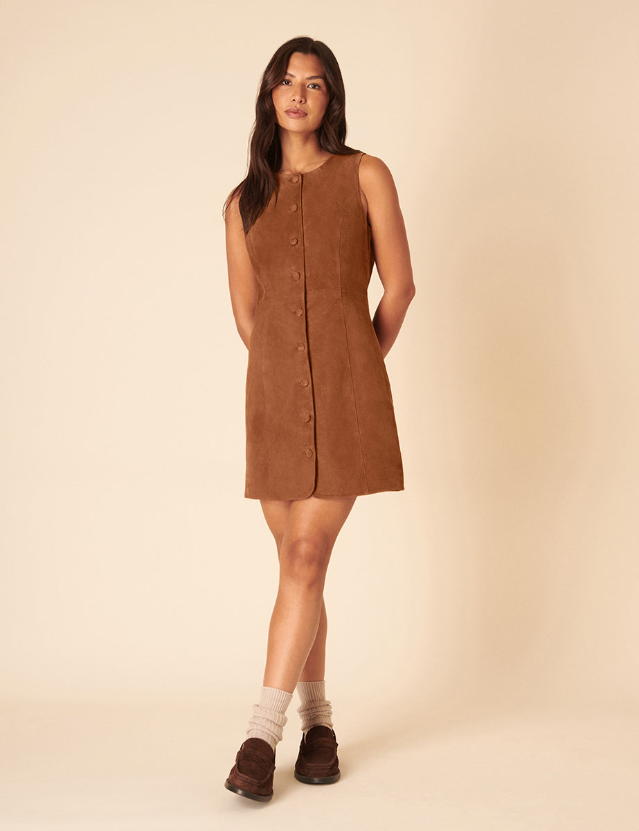 Brown Suede Eleanor Mini Pinafore Dress