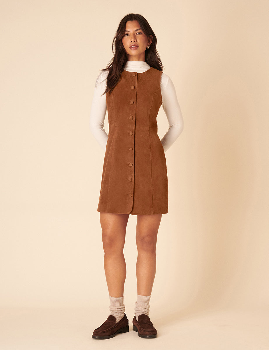Brown Suede Eleanor Mini Pinafore Dress