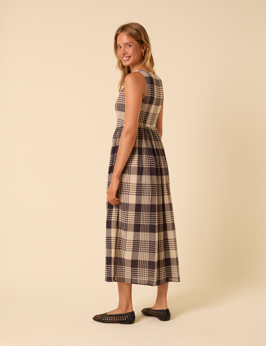Navy and Cream Tartan Check Cora Midi Dress
