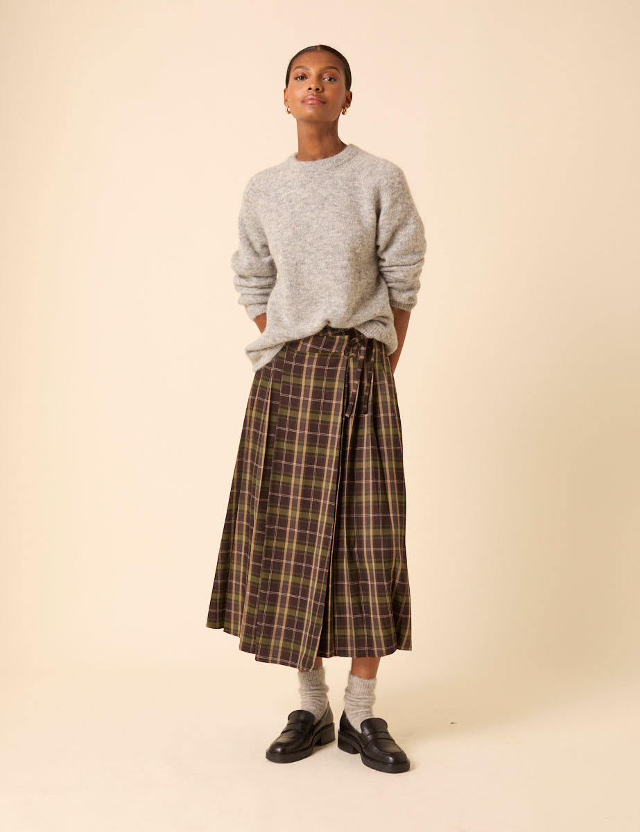 Green Check Tailored Kilt Midi Skirt