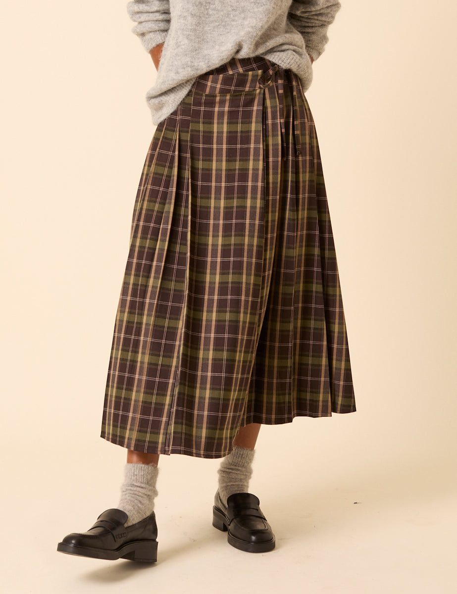 Green Check Tailored Kilt Midi Skirt