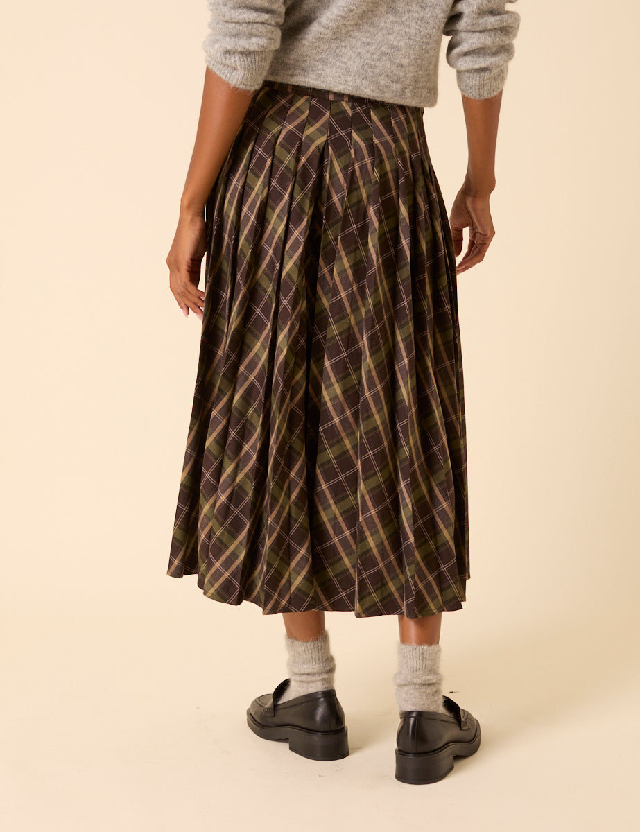 Green Check Tailored Kilt Midi Skirt