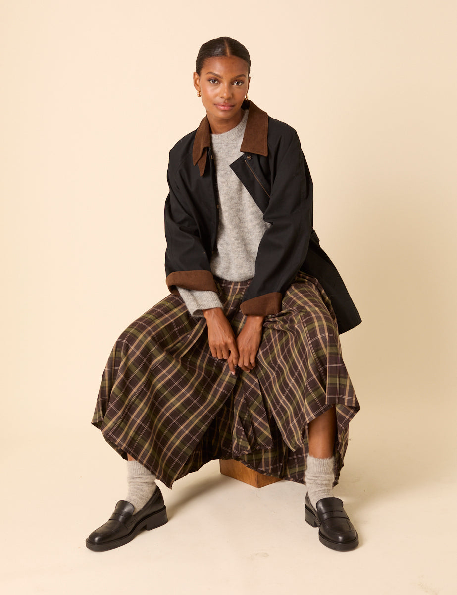 Green Check Tailored Kilt Midi Skirt