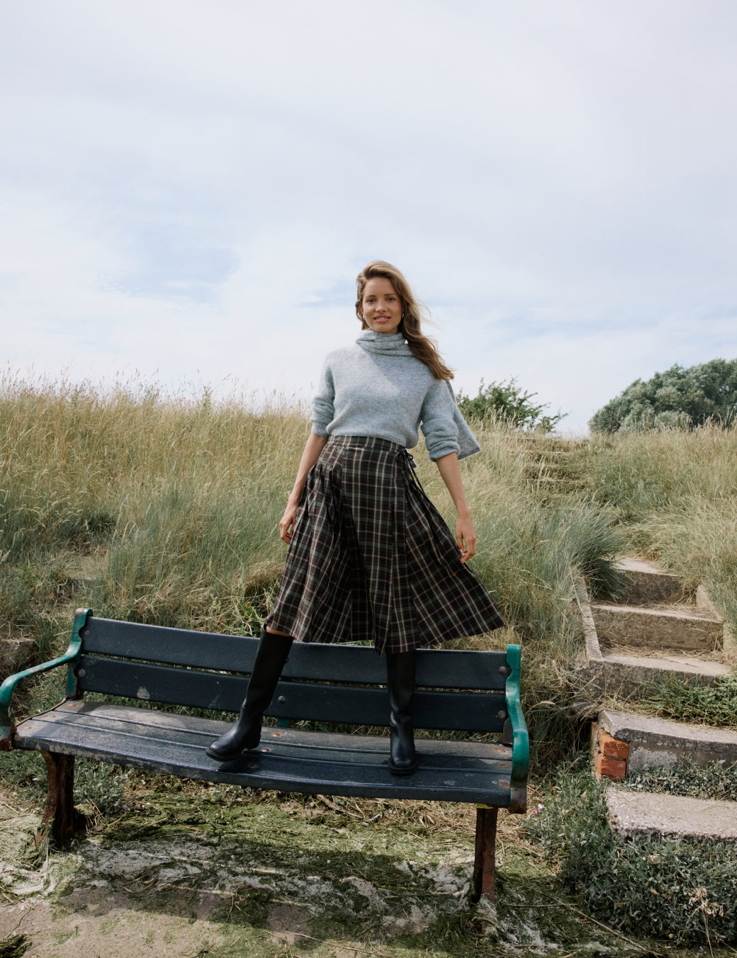 Green Check Tailored Kilt Midi Skirt