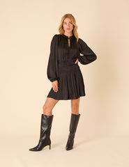 Black Long Sleeve Pleated Pilar Mini Dress