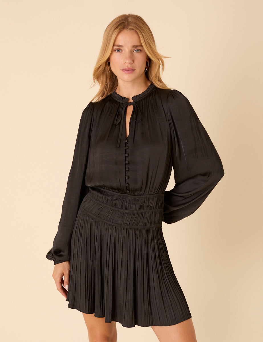 Black Long Sleeve Pleated Pilar Mini Dress