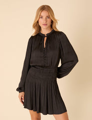Black Long Sleeve Pleated Pilar Mini Dress