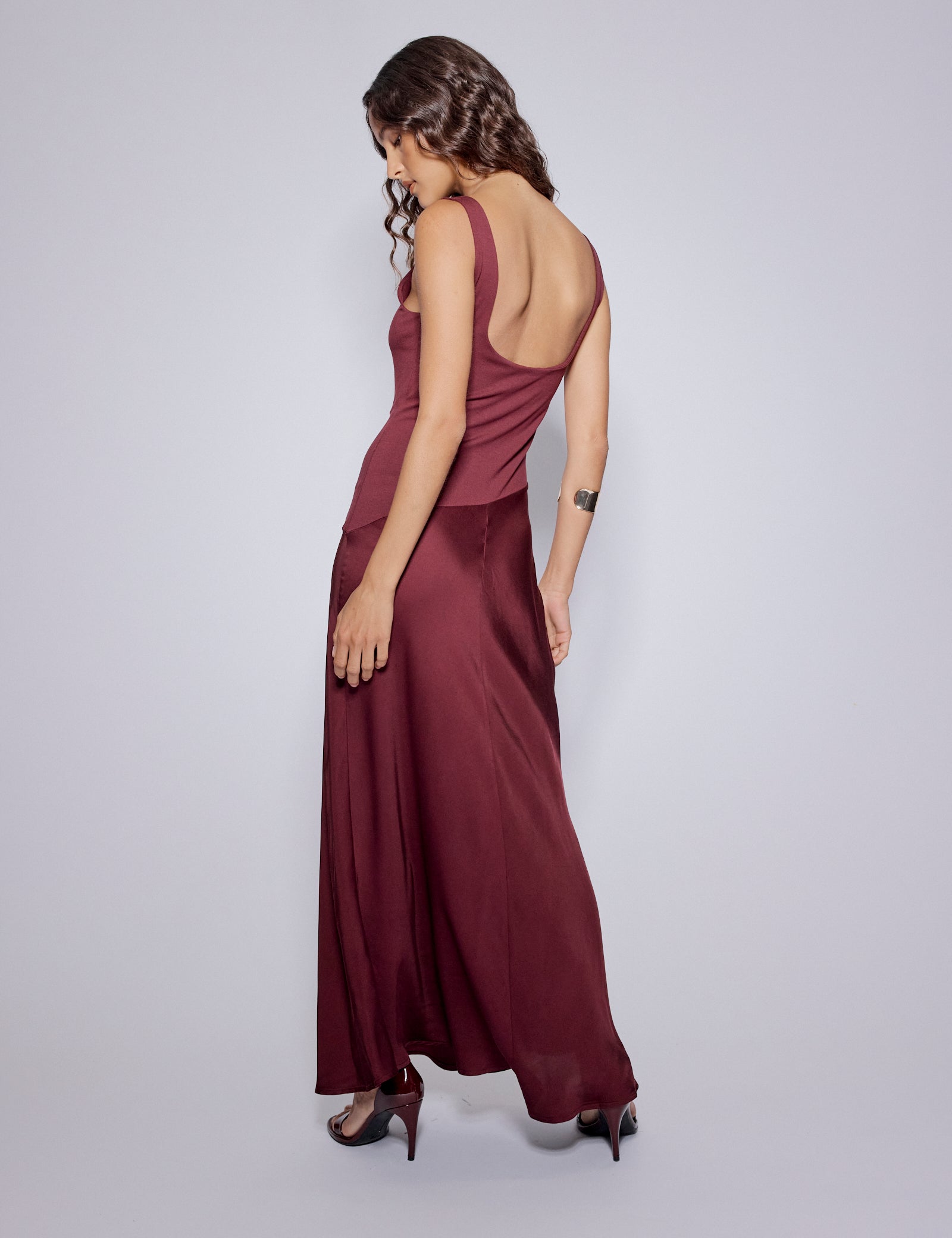 Burgundy Asymmetrical Drop Waist Valentina Midi Dress