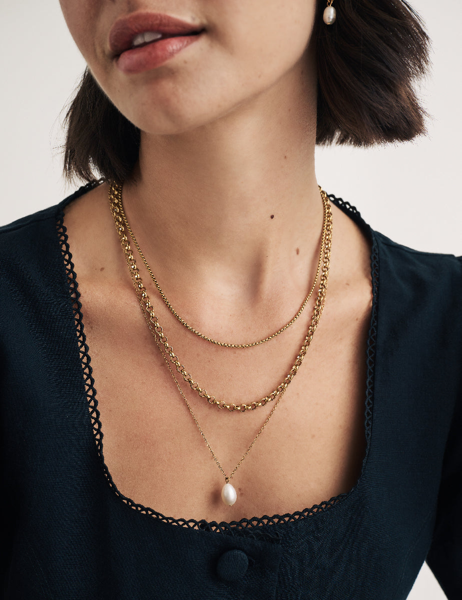 Gold Pearl Drop Triple Chain Necklace