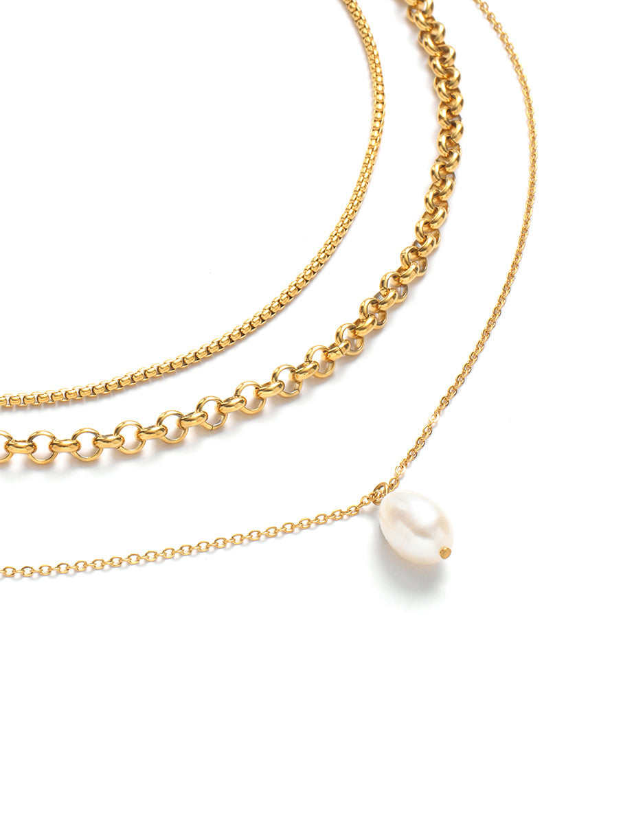 Gold Pearl Drop Triple Chain Necklace