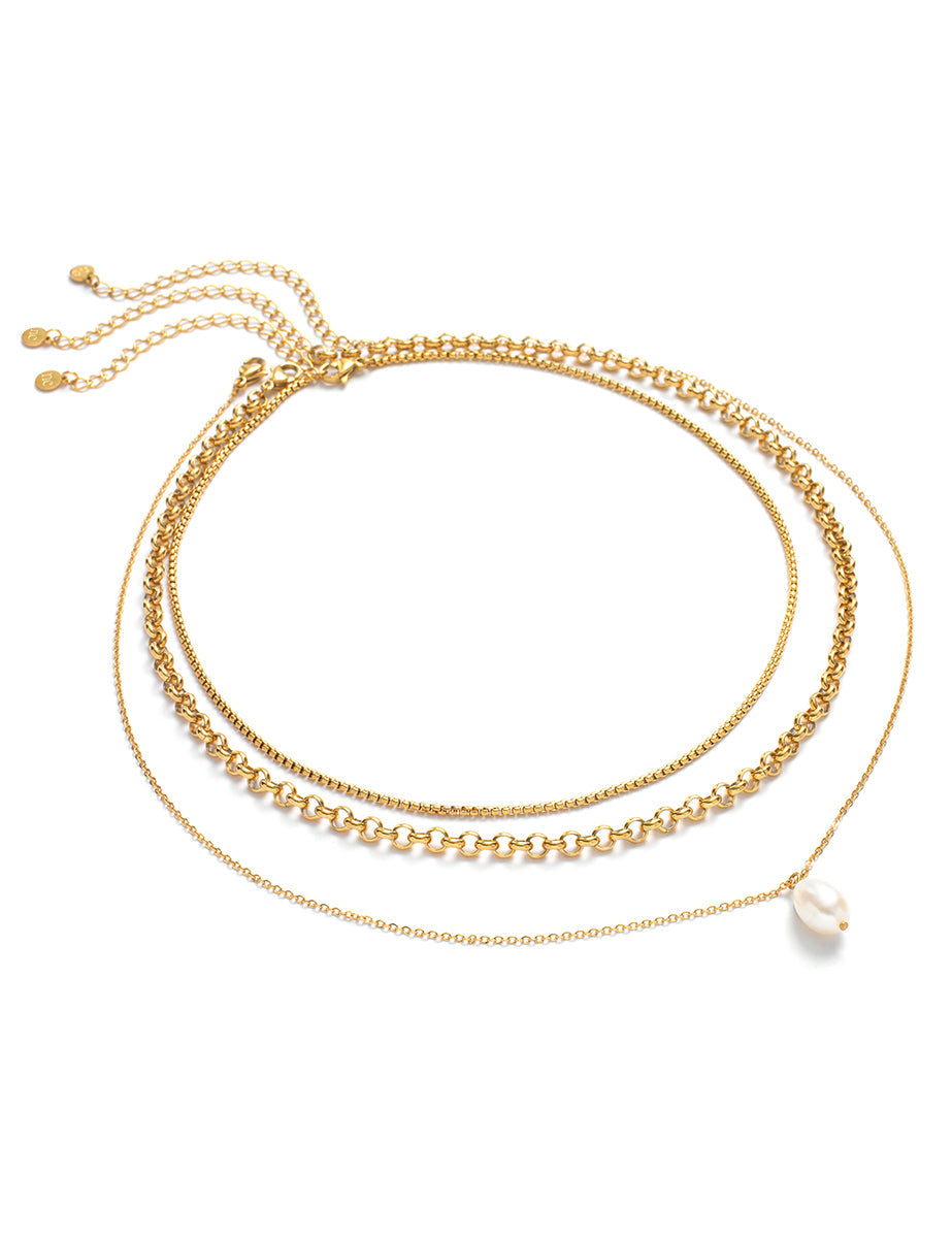 Gold Pearl Drop Triple Chain Necklace