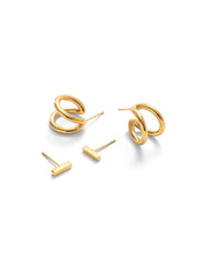 Gold Double Huggie Hoops & Bar Stud Earrings