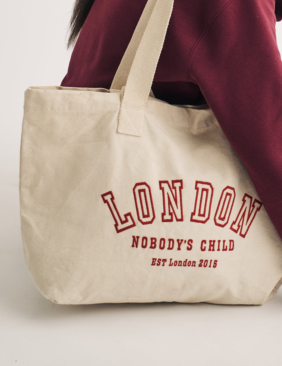 Beige London Logo Canvas Tote Bag