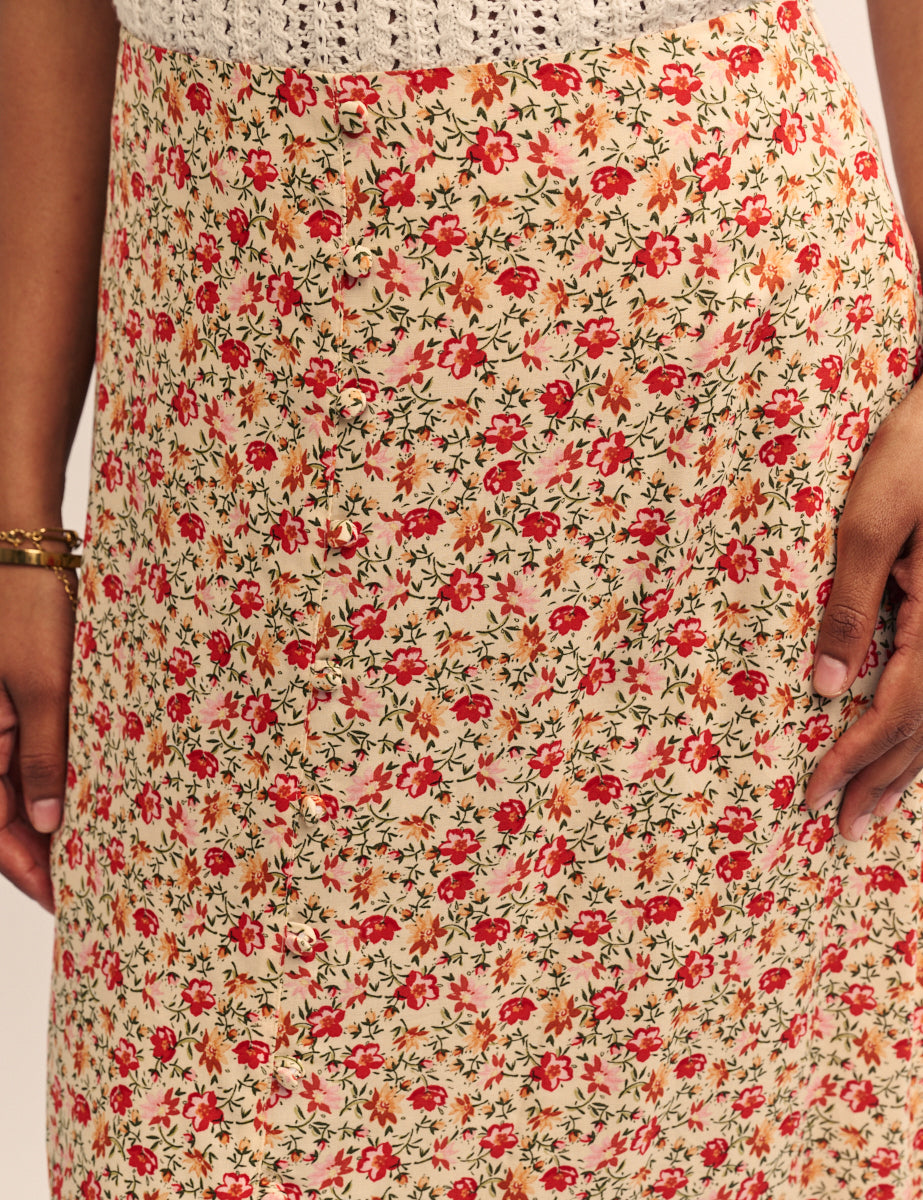 Cream Rose Print Sadie Midi Skirt