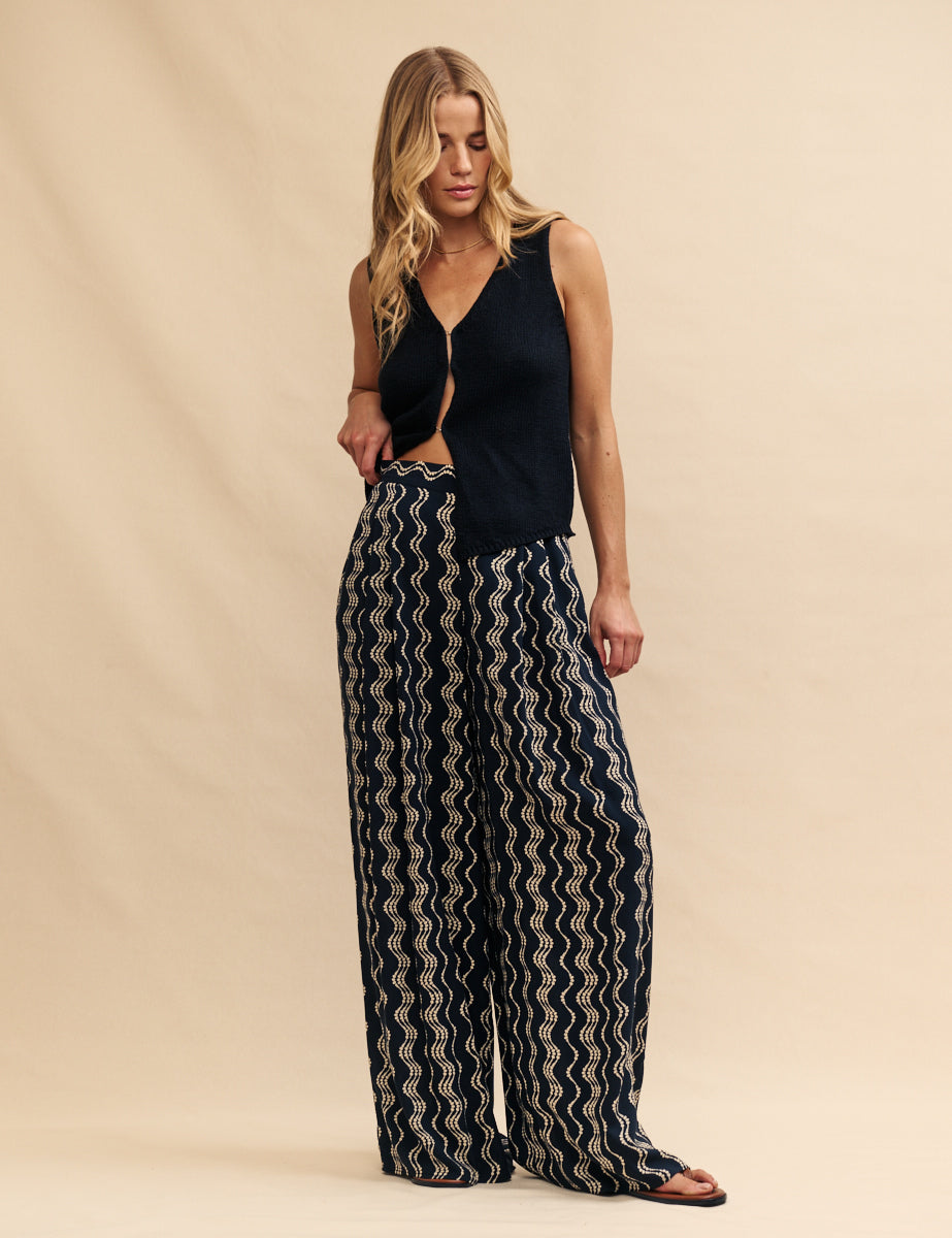 Black Wave Print Zeena Trousers