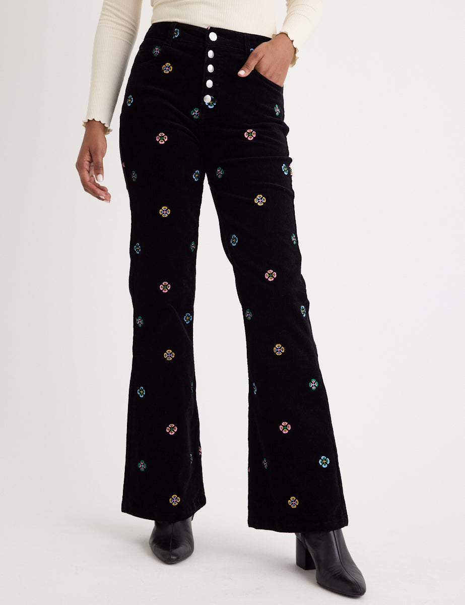 Black Cord Embroidered Flared Trousers