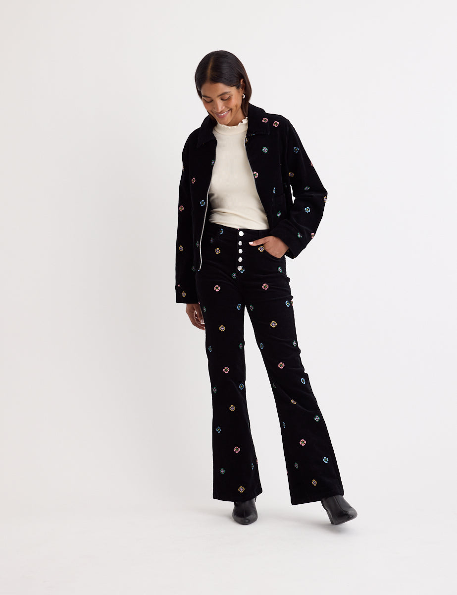Black Cord Embroidered Flared Trousers