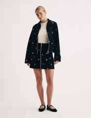 Black Embroidered Cord Zip Through Mini Skirt