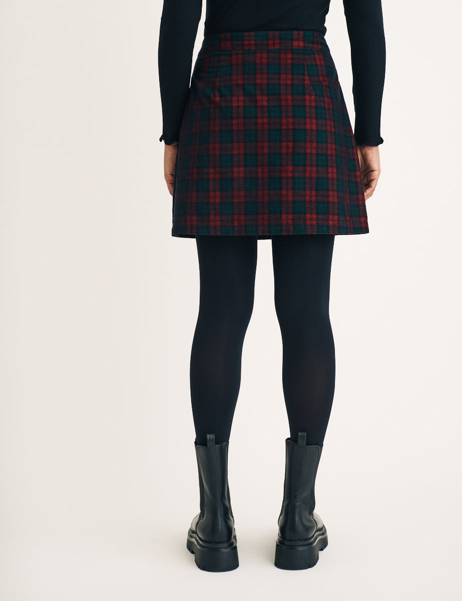 Tartan Check Cord Button Through Mini Skirt
