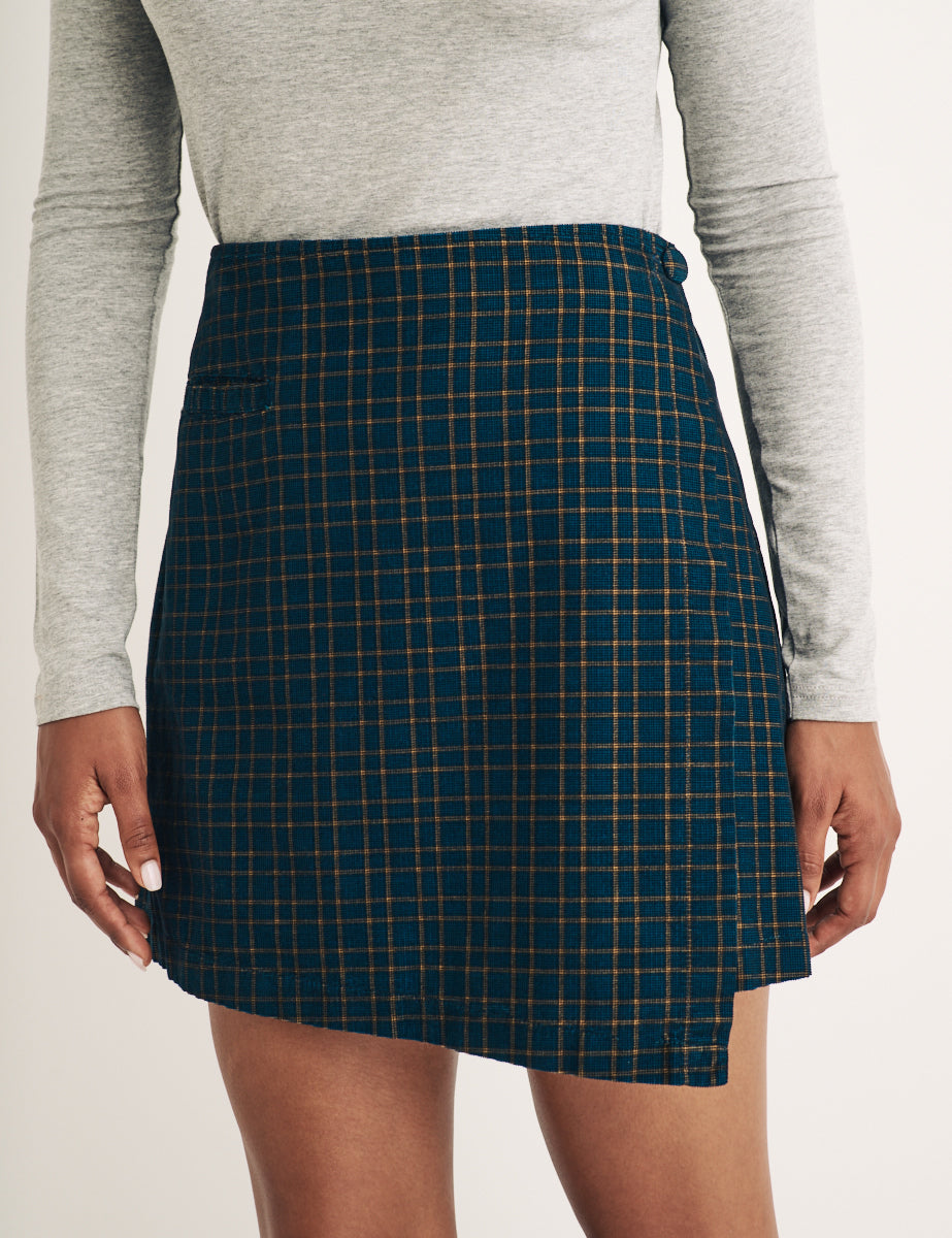 Navy Check Cord Wrap Mini Skirt