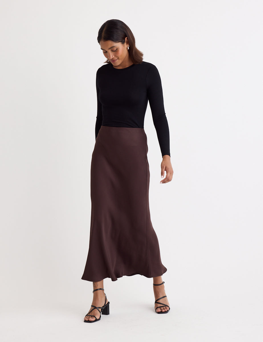 Brown Satin Mila Midi Slip Skirt