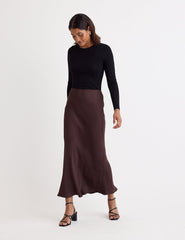 Brown Satin Mila Midi Slip Skirt