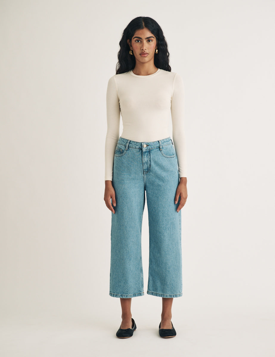 Mid Wash Denim Cropped Wide Leg Jeans
