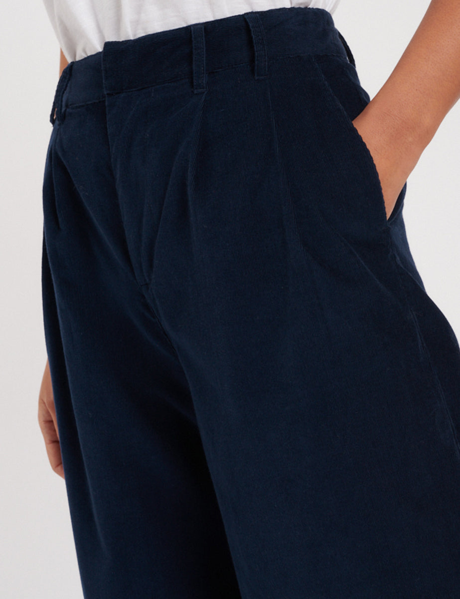 Navy Cord Pleated Wide Leg Trousers