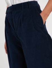 Navy Cord Pleated Wide Leg Trousers