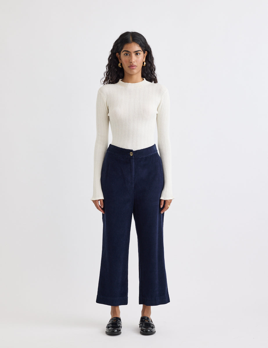 Navy Cord Straight Leg Cropped Trousers