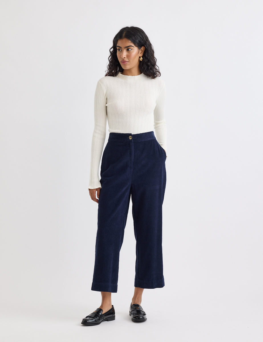 Navy Cord Straight Leg Cropped Trousers