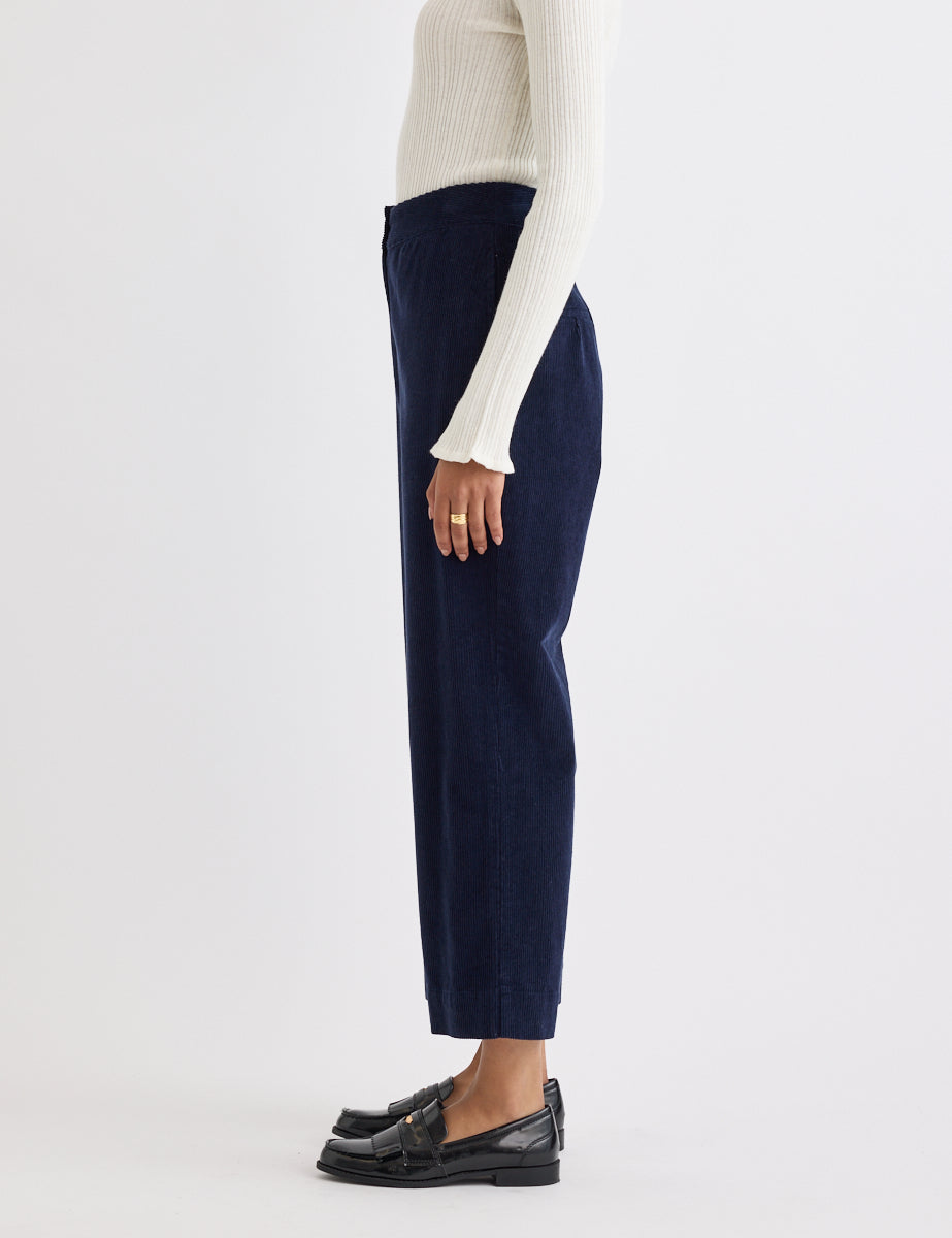 Navy Cord Straight Leg Cropped Trousers