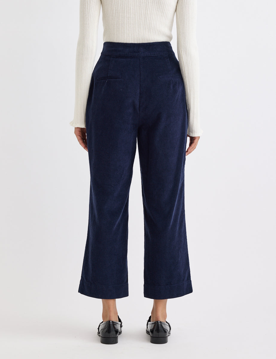 Navy Cord Straight Leg Cropped Trousers