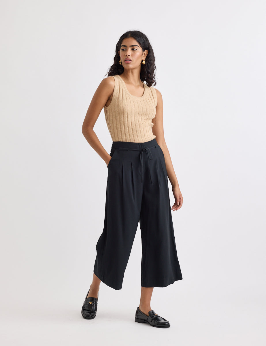 Black Tie Waist Wide Leg Trousers