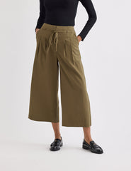 Green Tie Waist Wide Leg Cropped Trousers