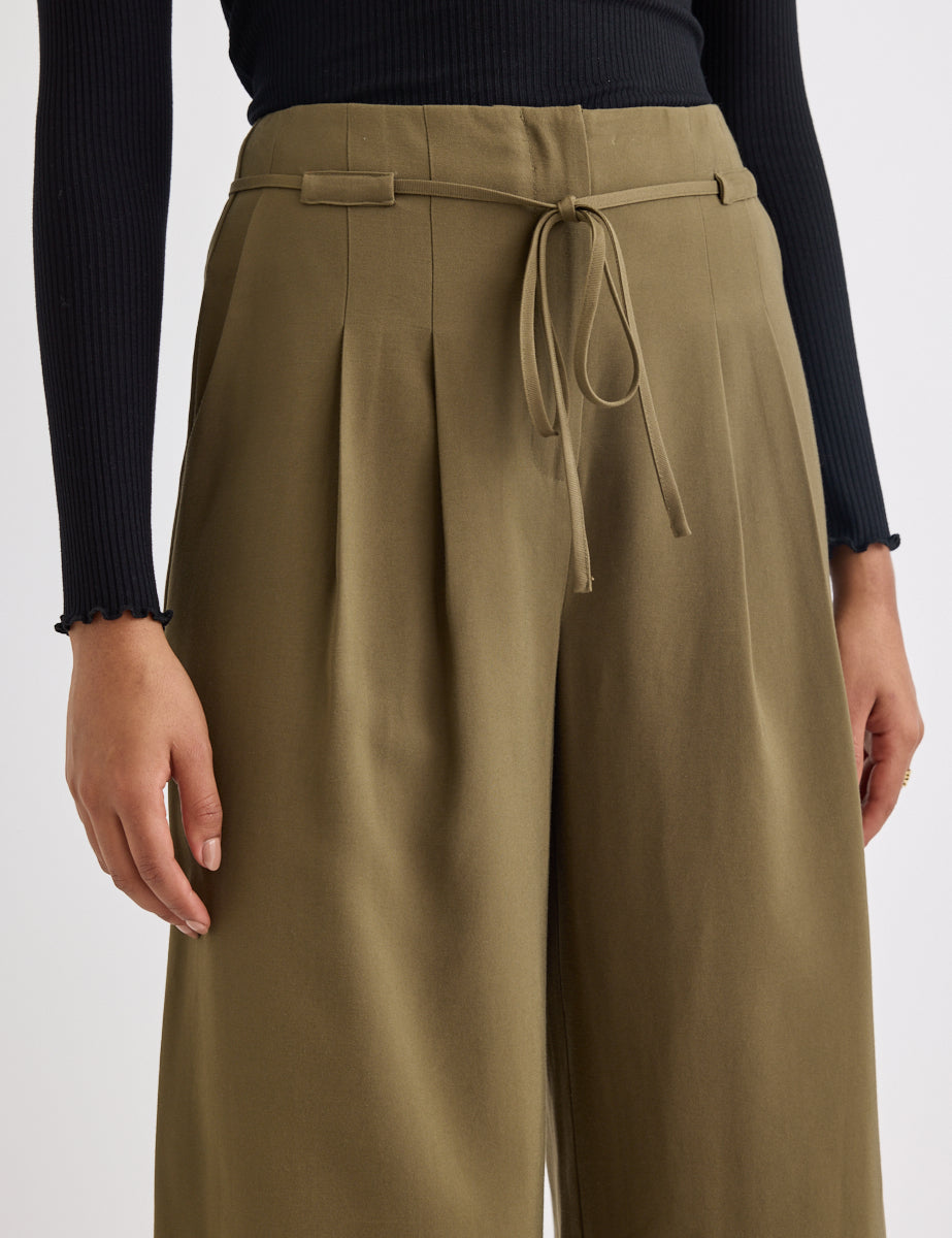 Green Tie Waist Wide Leg Cropped Trousers