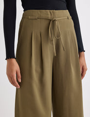 Green Tie Waist Wide Leg Cropped Trousers