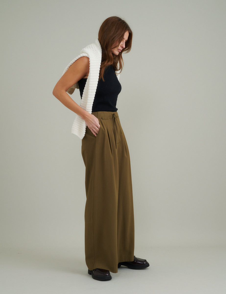 Green Tie Waist Wide Leg Trousers