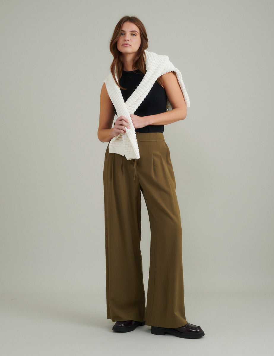 Green Tie Waist Wide Leg Trousers