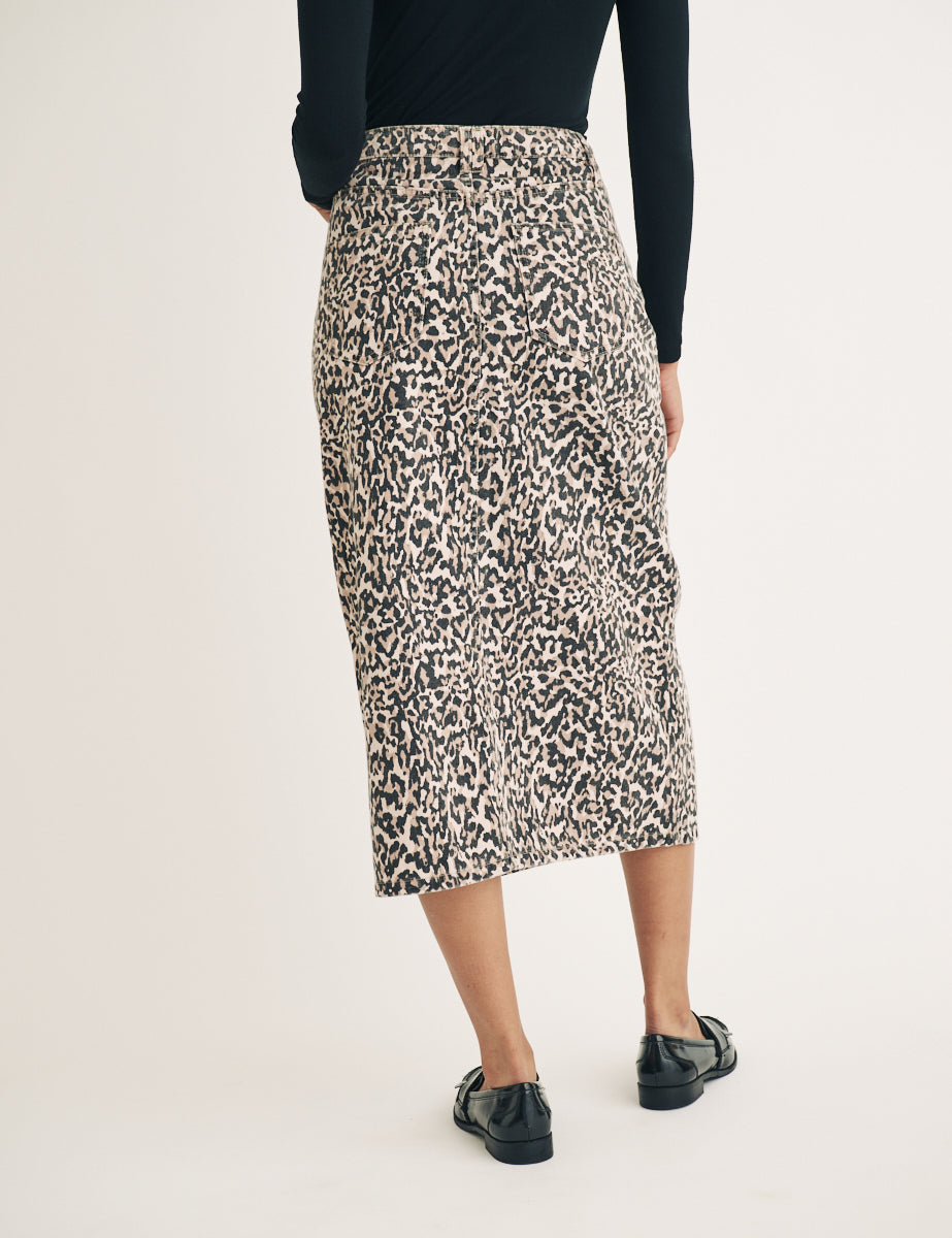 Leopard Print Denim Column Midi Skirt
