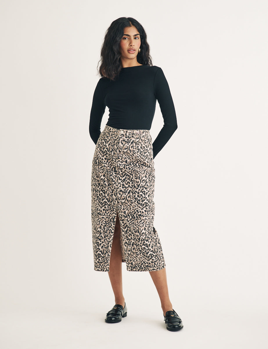 Leopard Print Denim Column Midi Skirt