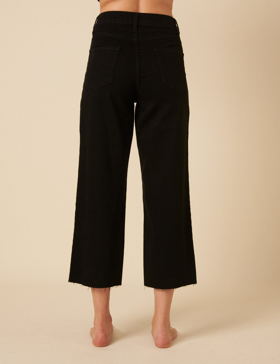 Black Denim Cropped Wide Leg Jeans