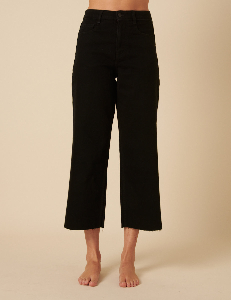 Black Denim Cropped Wide Leg Jeans
