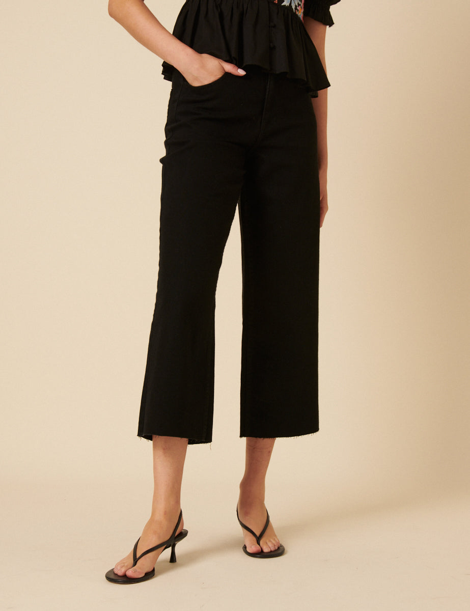 Black Denim Cropped Wide Leg Jeans