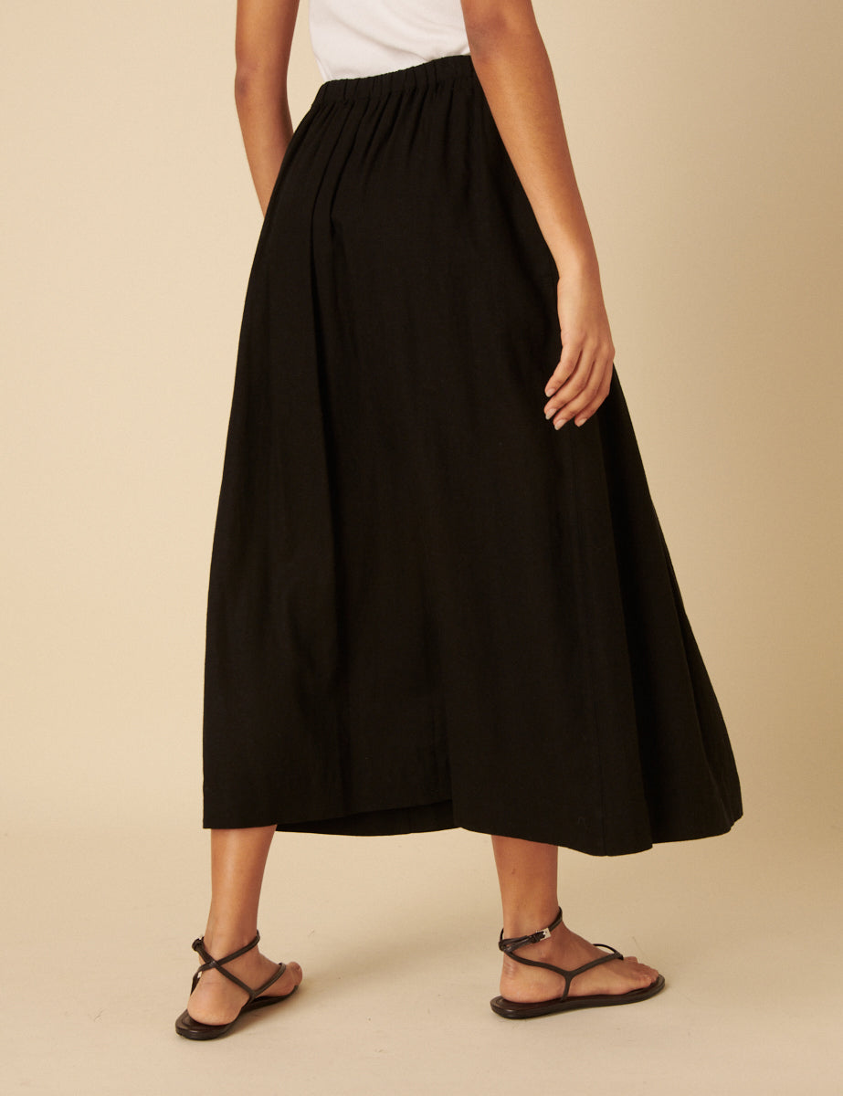 Black Linen-blend A-line Midi Skirt