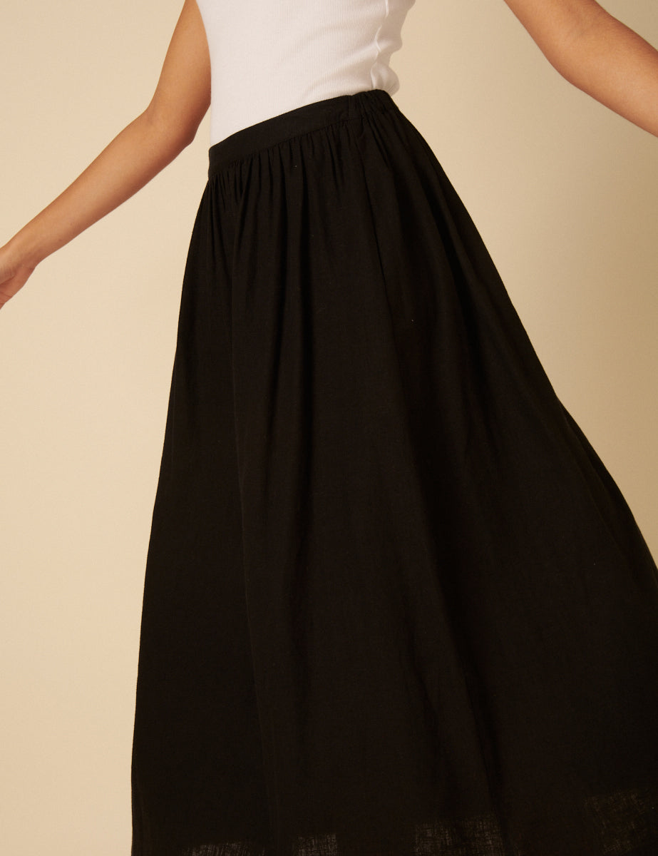 Black Linen-blend A-line Midi Skirt